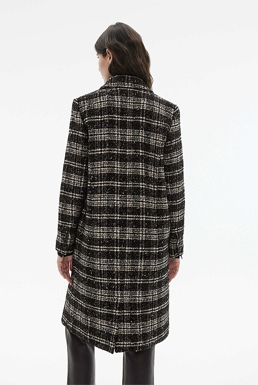 Wool Blend Yarn Dye Check Coat - Black