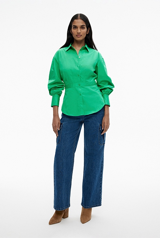 Cotton Sateen Dart Shirt - Leaf Green
