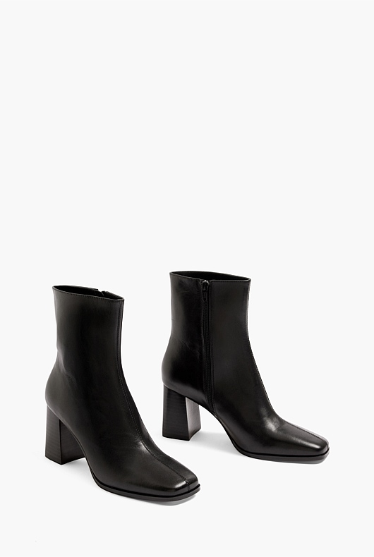 Square Toe Leather Heeled Boot - Black