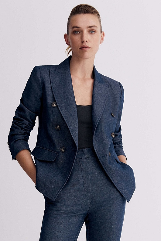 Yarn Dye Double-Breasted Blazer - French Blue