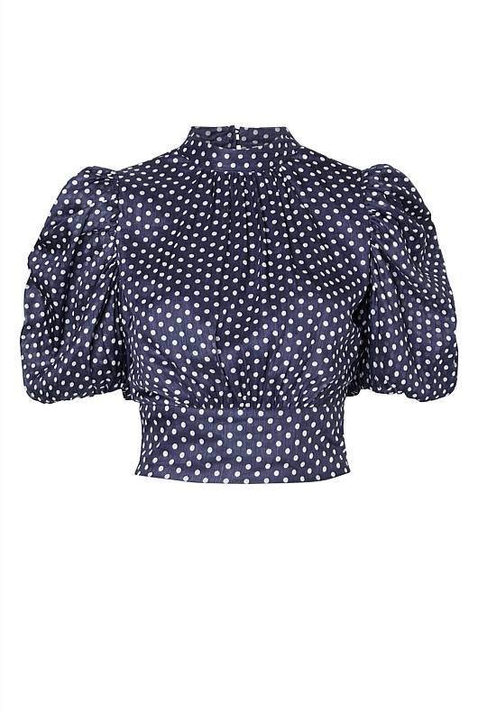 Spot Print Puff Sleeve Blouse - Washed Navy