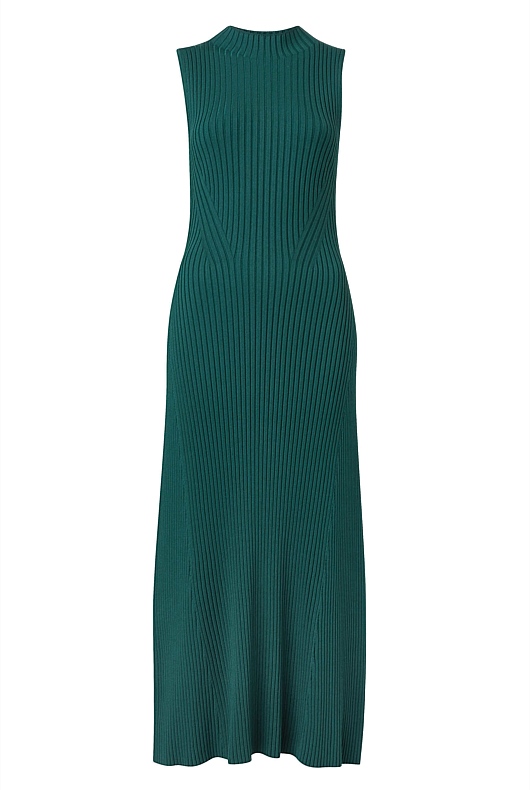 Knit Rib Mock Neck Dress - Petrol Green