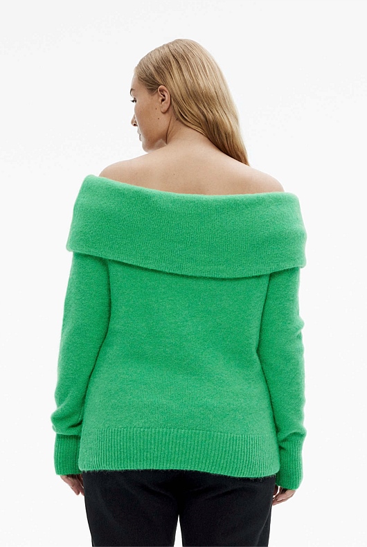 Alpaca Blend Off Shoulder Knit - Leaf Green