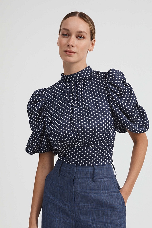 Spot Print Puff Sleeve Blouse - Washed Navy