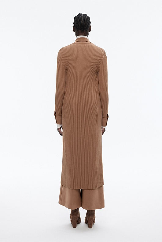 Button Through Rib Longline Cardigan - Camel