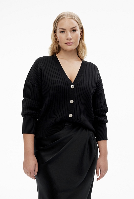 Rib Drop Shoulder Cardigan - Black