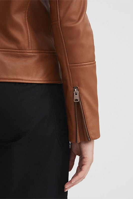 Leather Biker Jacket - Chestnut