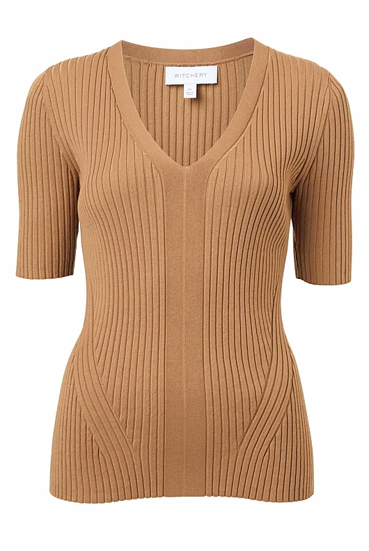Rib V Neck Short Sleeve Knit - Camel