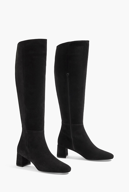 Block Heel Knee High Suede Boot - Black