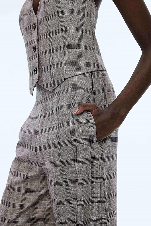 Yarn Dye Check Wide Leg Pant - Grey Sky