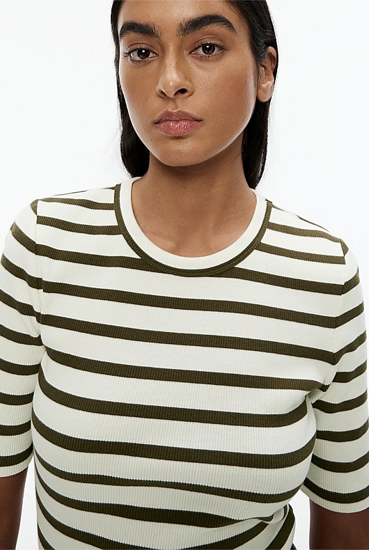 Stripe Crew Rib Tee - Vine Green