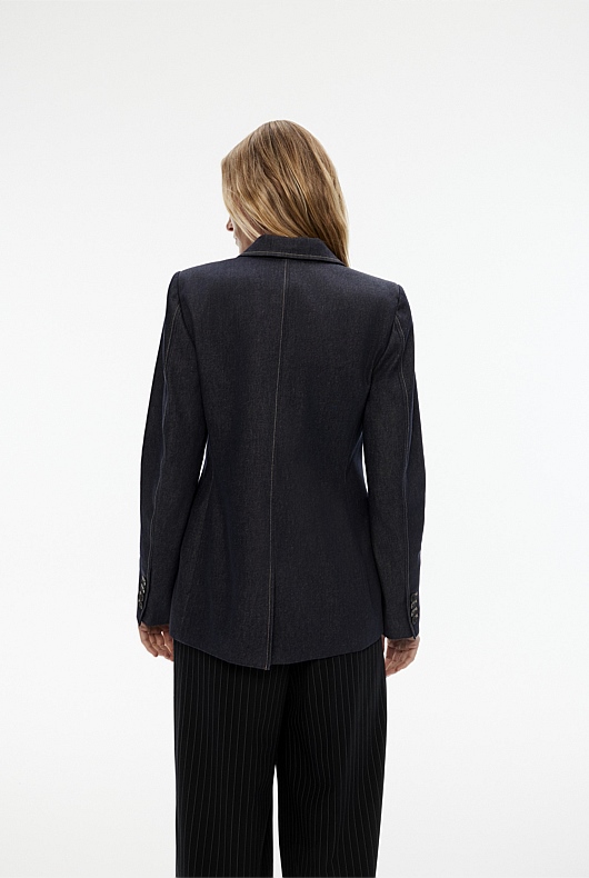 Yarn Dye Peaked Lapel Single-Breasted Blazer - Blue Night