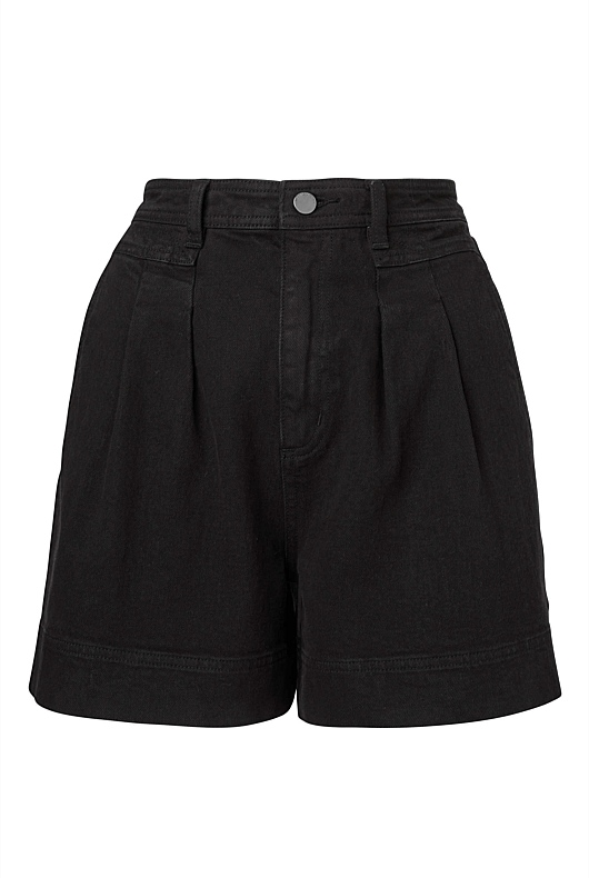 Pleat Detail Denim Short - Black