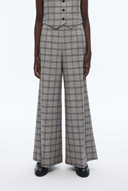 Yarn Dye Check Wide Leg Pant - Grey Sky