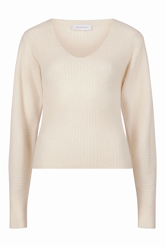 Alpaca Blend Rib V Neck Knit - Chalk