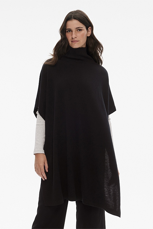 Silk Merino Longline Poncho - Black