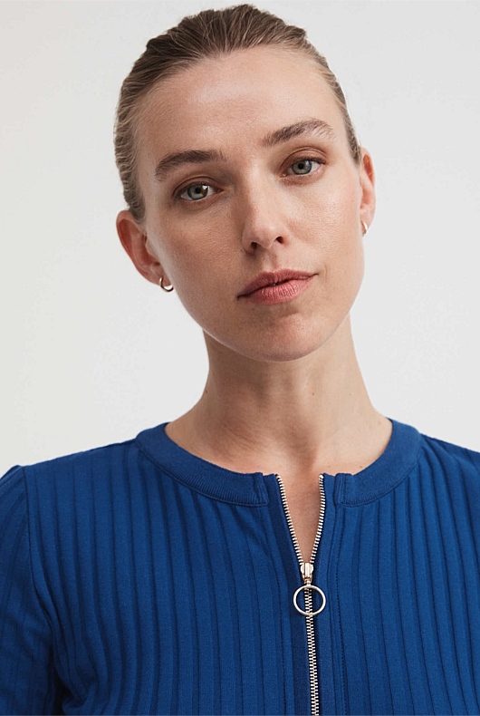Cotton Rib Zip Front Top - Eclipse Blue