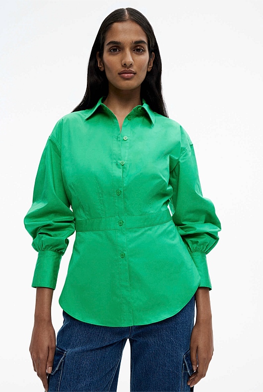 Cotton Sateen Dart Shirt - Leaf Green
