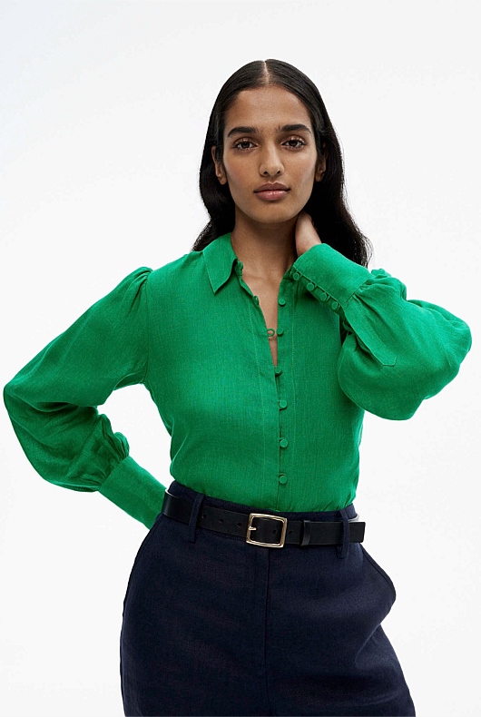 French Linen Volume Sleeve Shirt - Viridian Green