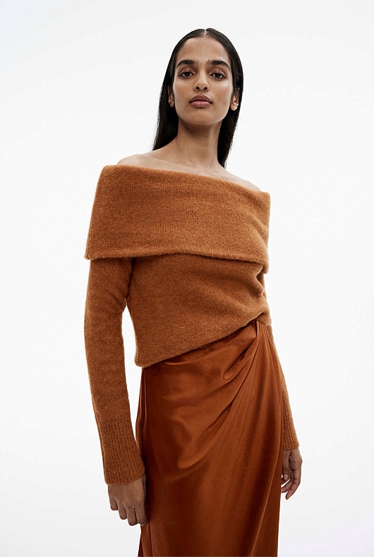 Alpaca Blend Off Shoulder Knit - Faded Terracotta