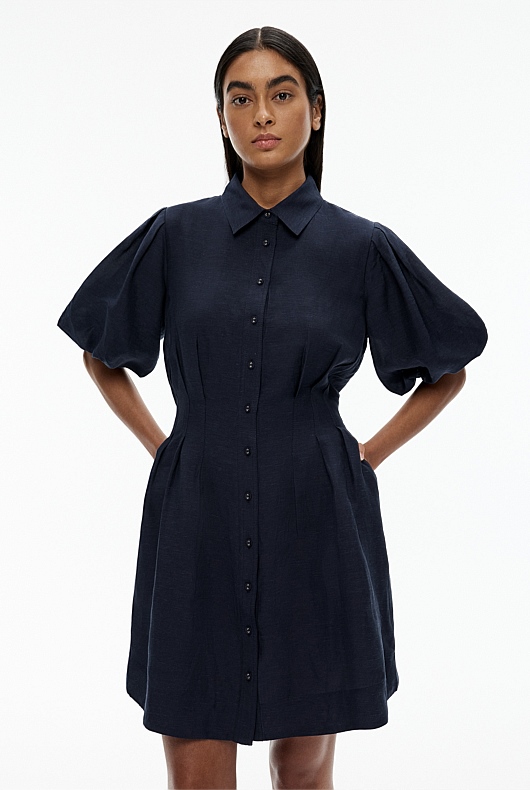 Dart Detail Puff Sleeve Dress - Blue Night