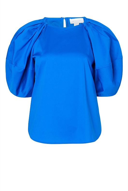 Cotton Poplin Puff Sleeve Blouse - Bold Blue