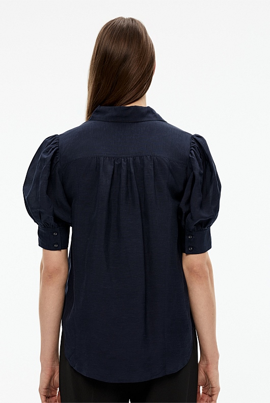 Gathered Puff Sleeve Blouse - Blue Night