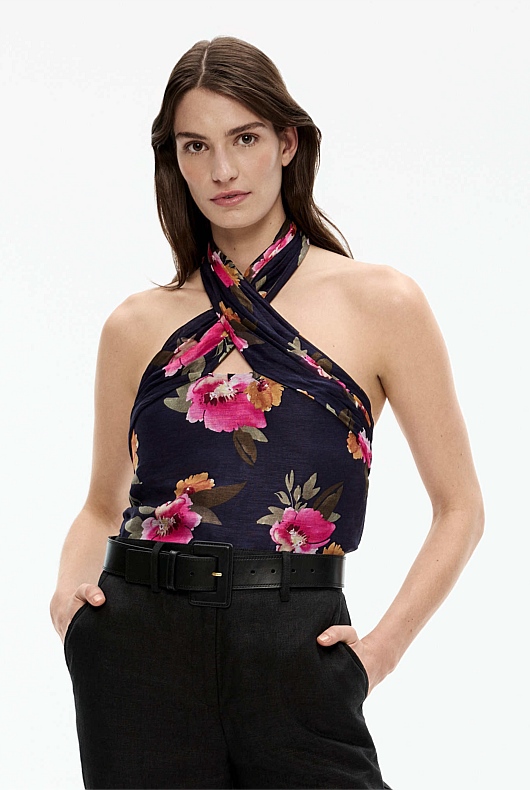 Watercolour Silk Linen Halter - Midnight Blue