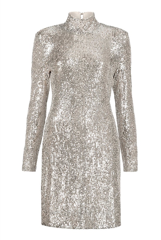 Sequin Mock Neck Dress - Silver