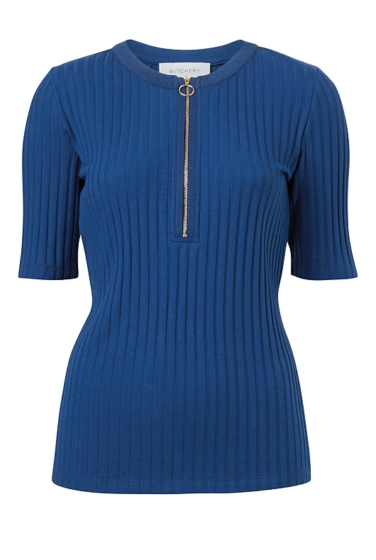 Cotton Rib Zip Front Top - Eclipse Blue