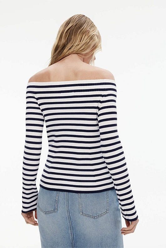 Off Shoulder Stripe Knit - Ink