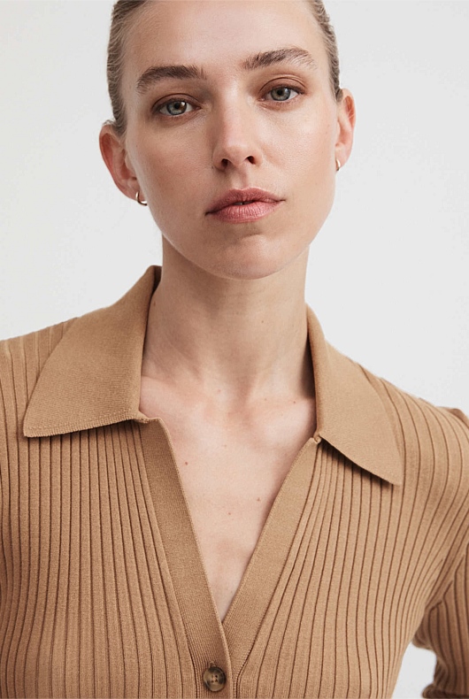 Button Through Rib Longline Cardigan - Camel