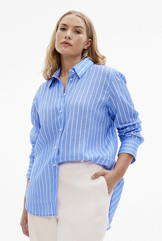 French Linen Stripe Shirt - Vivid Blue