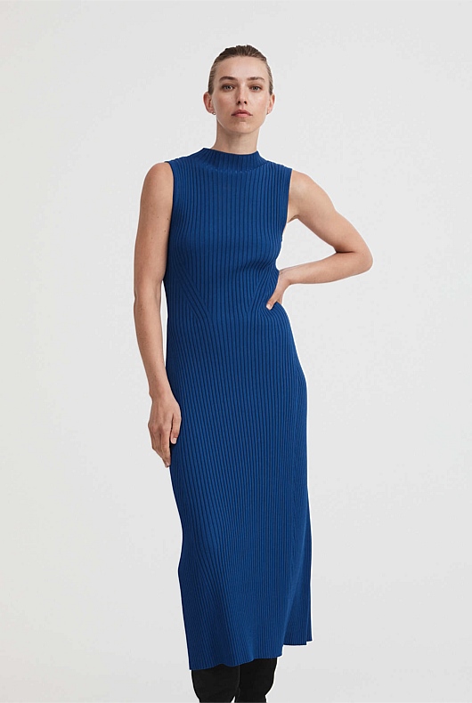Knit Rib Mock Neck Dress - Eclipse Blue
