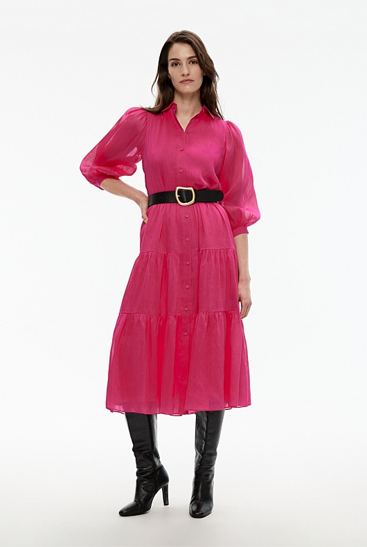 Silk Linen Midi Dress - Dahlia Pink