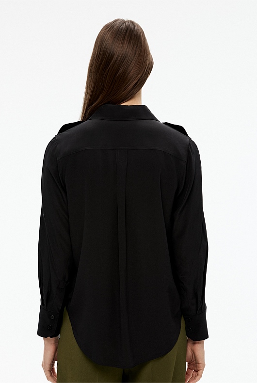 Silk Utility Tab Sleeve Shirt - Black