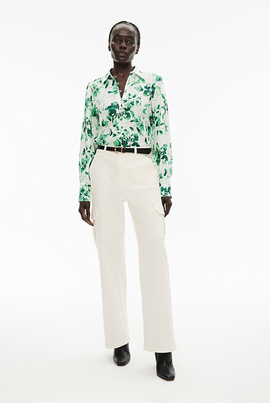 Linen Ikat Floral Volume Sleeve Shirt - Willow