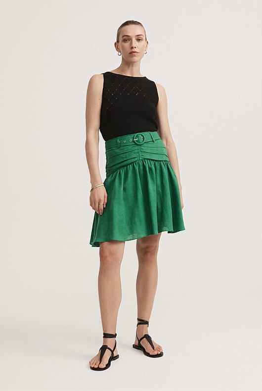 French Linen Belted Mini Skirt - Grass Green