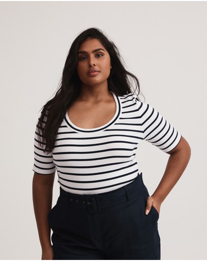 Witchery Stripe Cotton Rib Scoop Tee