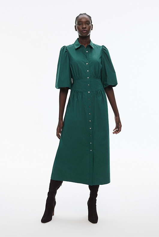 Cotton Bodice Detail Dress - Petrol Green