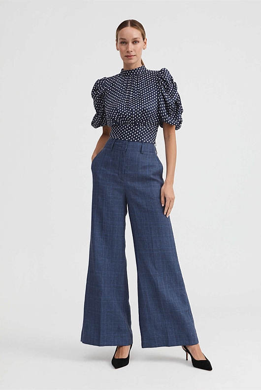 Spot Print Puff Sleeve Blouse - Washed Navy