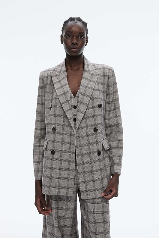 Double-Breasted Yarn Dye Check Blazer - Grey Sky