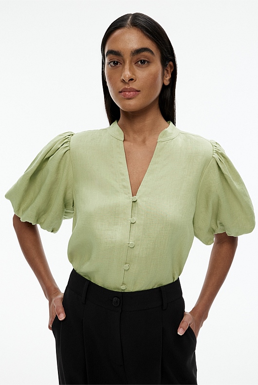Hemp Puff Sleeve Blouse - Pistachio