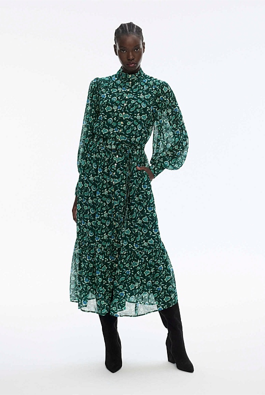 Tile Floral High Neck Dress - Viridian Green