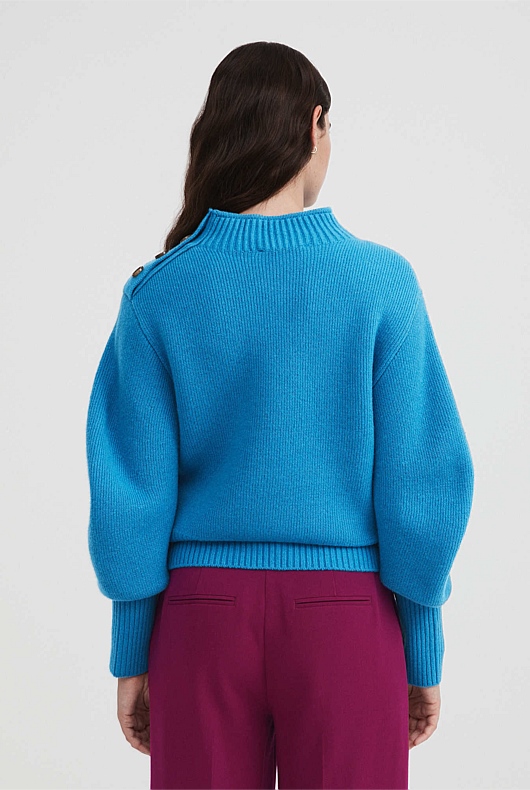 High Neck Puff Sleeve Knit - Bright Blue