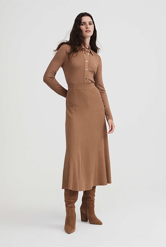Rib Button Through Top - Camel