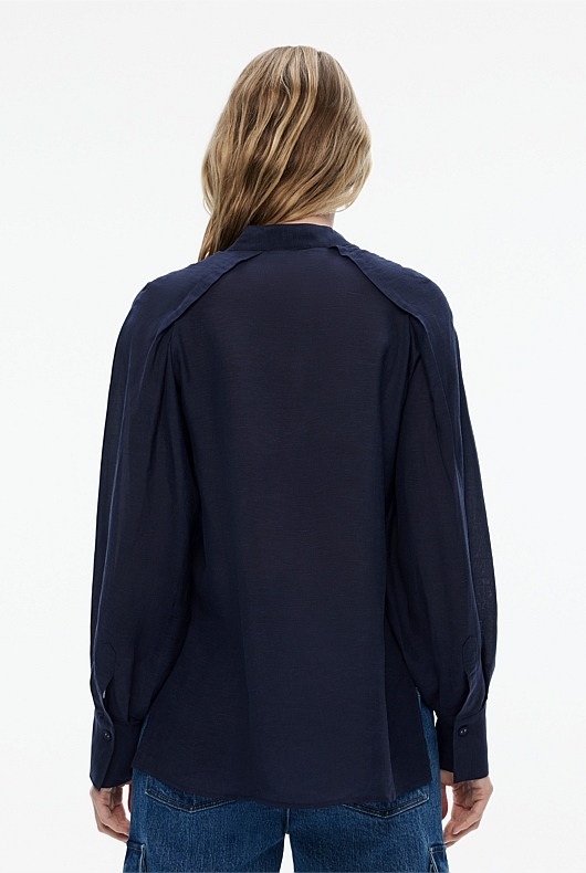 High Neck Raglan Sleeve Blouse - Blue Night