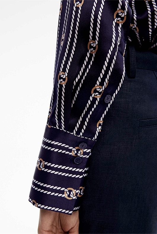 Silk Satin Rope Print Shirt - Deep Blue
