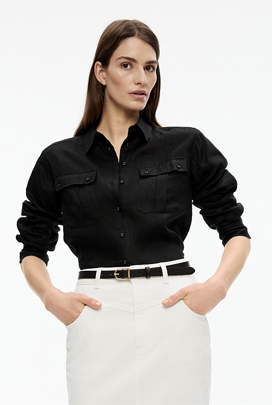 French Linen Pocket Detail Shirt - Black