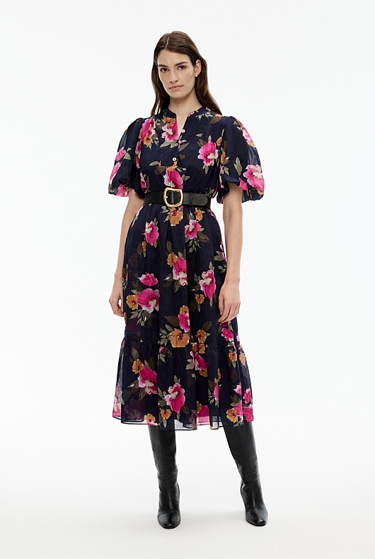 Watercolour Print Midi Dress - Midnight Blue